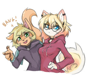 5_fingers anthro blue_eyes breasts brown_nose brown_pawpads clothing clothing_cord collar cowlick curled_tail drawstring duo ear_piercing ear_ring eyebrow_through_hair eyebrows eyelashes eyewear female fingers fur gauged_ear gesture glasses gradient_hair green_eyes hair hand_gesture hand_on_hip hoodie inner_ear_fluff looking_at_viewer messy_hair open_mouth orange_body orange_fur pawpads piercing pointing ring_piercing short_hair simple_background tail teeth text topwear translucent translucent_hair tuft white_background tinygaypirate felid feline mammal half-length_portrait hi_res portrait