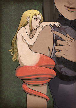 apode bare_shoulders blonde_hair brown_hair coiling duo female hair larger_female legless long_hair micro monster_girl_(genre) nude red_eyes scales serpentine size_difference smaller_female smile split_form janome_gochou draconcopode human lamia mammal reptile scalie snake 2011 hi_res