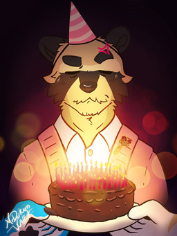 anthro birthday birthday_cake cake candle clothing cross-popping_vein dessert food hat headgear headwear male party_hat solo mrdarknesswolf chuck_(p_rindustries) elubbb_(p_rindustries) mrdarknesswolf_(character) p_rindustries_(p_rindustries) 3:4 hi_res