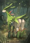 all_fours butt female feral green_body looking_at_viewer looking_back looking_back_at_viewer plant quadruped rear_view red_eyes smile solo tan_body tree eguchi_tumoru nintendo pokemon generation_5_pokemon legendary_pokemon mammal pokemon_(species) virizion absurd_res hi_res shaded