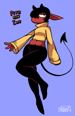 anthro black_bottomwear black_clothing black_hair black_pants blue_background bottomwear clothing hair half-closed_eyes horn long_sleeve_shirt male midriff mouthless narrowed_eyes pants red_body red_eyes shirt simple_background solo spade_tail tail text topwear yellow_clothing yellow_shirt yellow_topwear shyguy9 pith demon imp 2022 artist_name character_name dated hi_res species_name