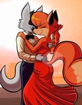 anthro building clothing dress duo female freckles hug jewelry male male/female raised_tail romantic romantic_couple sky sun sunset tail blackmore patricia_mac_sionnach rodolfo_sanchez canid canine canis fox iberian_wolf mammal red_fox true_fox wolf absurd_res hi_res