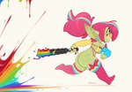 big_butt blonde_hair blood blue_eyes blue_hair blush bodily_fluids breasts butt cleavage clothed clothing club_(weapon) female green_body green_skin hair heart_eyes heart_symbol humanoid_pointy_ears melee_weapon not_furry pink_hair pointy_ears rainbow_colors running smile solo weapon huffslove candy_(huffslove) goblin humanoid 2024 hi_res