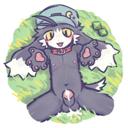 balls belt black_body black_fur blush bodily_fluids clothing cum cumshot ejaculation fur gem genital_fluids genitals grass hat headgear headwear long_ears looking_pleasured male navel nipples nude penis plant sex slim_male solo tail yellow_eyes young young_male alew404 bandai_namco klonoa_(series) huepow klonoa lagomorph mammal