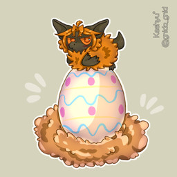 ambiguous_gender anthro big_egg black_body black_skin blush chibi easter_egg egg fluffy fur holidays humor lying nest on_front orange_body orange_fur orange_sclera simple_background solo gnida_gnid easter keshyu_(gnida_gnid) bat mammal 1:1 hi_res