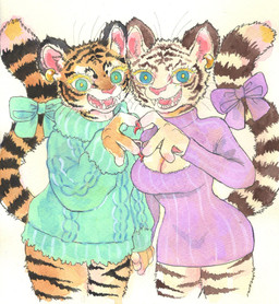 accessory anthro bow_(feature) bow_accessory bow_ribbon breasts cleavage cleavage_cutout clothed clothing cutout duo ear_piercing female fur furgonomics gesture leucistic looking_at_viewer open_mouth piercing ribbons simple_background smile stripes sweater tail tail_accessory tail_bow tail_ribbon teeth topwear turtleneck kyokyota felid mammal pantherine tiger 2024 hi_res painting_(artwork) traditional_media_(artwork) watercolor_(artwork)