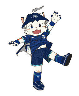 5_fingers anthro asian_conical_hat blue_body blue_cape blue_clothing blue_eyes blue_footwear blue_fur blue_shirt blue_socks blue_topwear blush cape clothing eyebrows fangs fingers footwear fur gesture happy hat headgear headwear looking_at_viewer male mascot open_mouth shirt simple_background soccer_uniform socks solo sportswear tail teeth tongue topwear uniform waving waving_at_viewer white_background white_body white_fur young young_anthro young_male n_agano j.league kagoshima_united_fc uni-ku canid canine canis domestic_cat felid feline felis hybrid mammal wolf 2025 absurd_res hi_res