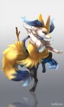 ambiguous_gender anthro biped blue_eyes dipstick_tail fur inner_ear_fluff markings mostly_nude scarf scarf_only solo tail tail_markings tuft yellow_body yellow_fur leokatana nintendo pokemon braixen generation_6_pokemon pokemon_(species) 3:5 hi_res