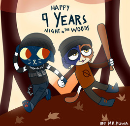 alternate_costume anthro baseball_bat bat_(object) beanie blue_body blue_fur boots bottomwear brown_body brown_fur clothing clothing_swap denim denim_bottomwear denim_clothing duo eyelashes female female/female footwear forest fur hat headgear headwear jeans pants paws plant red_eyes shoes smile smirk sunset tail text tree yellow_eyes mr_fuwa epic_games fortnite night_in_the_woods mae_borowski meow_skulls domestic_cat felid feline felis mammal absurd_res english_text hi_res