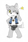 anthro blush bulge clothed clothing detailed_bulge genital_outline grin looking_at_viewer male one_eye_closed partially_clothed pedometer penis_outline pose skimpy smile solo speedo star star_wink swimwear topwear vest wink yellow_eyes inubashiri animal_crossing nintendo fan_character canid canine mammal