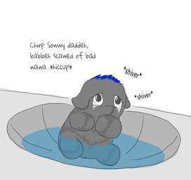 abuse ambiguous_feral ambiguous_gender animal_noises baby_talk black_eyes blue_hair bodily_fluids chirping crying featureless_feet feet feral fur grey_body grey_fur hair monotone_body monotone_fur partially_submerged sad shaking shivering sitting solo tears water young young_ambiguous young_feral carpdime fluffy_pony fluffy_pony_(species) mammal digital_media_(artwork)