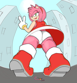 accessory anthro big_butt boots bracelet building butt clothing dress female footwear fur gloves green_eyes hair_accessory hairband handwear jewelry looking_back panties pink_body pink_fur shoes sky solo sun tongue tongue_out underwear candy_tooth_(artist) sega sonic_the_hedgehog_(series) amy_rose eulipotyphlan hedgehog mammal 2019 absurd_res hi_res