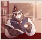 anthro beverage black_body black_fur book clothing coffee eyewear fur glasses humanoid_hands male shirt solo topwear white_body white_fur warlocknyan blizzard_entertainment warcraft bear mammal pandaren 2018 hi_res