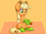 blonde_hair clothing female feral footwear freckles green_eyes hair legwear sitting socks solo pon3splash friendship_is_magic hasbro my_little_pony applejack_(mlp) earth_pony equid equine horse mammal pony 2015 4:3 hi_res