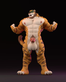 4_toes abs anthro balls barazoku beard biceps brown_facial_hair brown_hair brown_stripes claws clothing covered_eyes erection facial_hair feet finger_claws fingerless_(marking) fur genitals green_clothing green_hat green_headwear hair hat hat_covering_eyes hat_only headgear headgear_only headwear headwear_only male mostly_nude multicolored_body multicolored_fur muscular muscular_anthro muscular_male nipples orange_body orange_fur pecs penis pubes solo standing striped_body striped_fur stripes tail toe_claws toeless_(marking) toes trucker_hat vein veiny_penis white_body white_fur leodamodeler leothemodeler leodamodeler_(modeler) bruce_(ara_chibi) felid mammal pantherine tiger 2025 3d_(artwork) 4:5 absurd_res digital_media_(artwork) hi_res