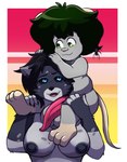 afro anthro areola balls belly big_balls big_ears black_areola black_hair black_sclera breasts butt canid canine canis chest_tuft duo female fluffy fluffy_hair fluffy_tail fur genitals green_eyes green_hair grey_body grey_fur hair hi_res intersex_(lore) lemonfaace lilithdog male mammal nimmy nubbed_penis open_mouth paws penis red_penis short_stack sitting_on_shoulders size_difference slightly_chubby spots tail tapering_penis thick_thighs tuft white_belly wolf zairuz