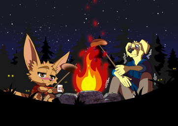 alcohol anthro beer beverage blue_clothing blue_eyes blue_hoodie blue_topwear bonfire bottomwear brown_eyes camping cargo_pants clothed clothed_anthro clothed_male clothing drunk duo fire floppy_ears food forest fully_clothed fully_clothed_anthro fully_clothed_male hoodie male meat night pants piercing plant sausage scared shirt shorts side_eye sitting substance_intoxication t-shirt tail topwear tree ariesartist ben_(ariesartist) roger_(ariesartist) bird_dog canid canine canis domestic_dog fennec_fox fox hunting_dog labrador mammal retriever true_fox absurd_res hi_res
