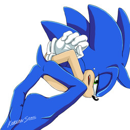 annoyed ass_up barefoot blue_body bodily_fluids clothing countershade_arms countershade_face countershade_torso countershading featureless_butt featureless_crotch feet gloves gloves_only green_eyes hands_behind_back handwear handwear_only head_spines male mostly_nude open_mouth quills_(anatomy) raised_tail red_tongue solo sweat sweatdrop tail teeth tongue white_clothing white_gloves white_handwear koreansonic sega sonic_the_hedgehog_(series) sonic_the_hedgehog 1:1 signature