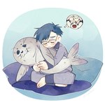 blue_hair claws duo eyewear feral fur glasses hair hug imagining lonely male plushie red_hair sad white_body white_fur lanllan bandai_namco digimon joe_kido digimon_(species) gomamon human mammal marine pinniped seal 1:1