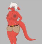 anthro areola big_breasts blue_eyes bottomwear breasts clothed clothing embarrassed female hair navel nipples non-mammal_breasts red_body red_skin shorts simple_background solo topless white_hair doctorlizard red_knight_(sirphilliam) lizard reptile scalie hi_res