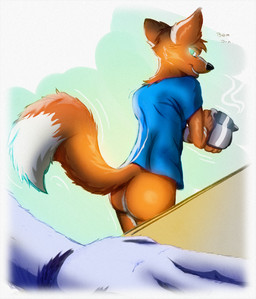 anthro bottomless breakfast carafe_(object) clothed clothing coffee_mug looking_back male shirt shirt_only smile solo tail tail_motion tailwag teasing_with_tail topwear topwear_only rayone dardo canid canine fox mammal spartanfox graphite_(artwork) hi_res mixed_media traditional_media_(artwork)
