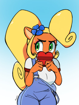 anthro big_breasts blonde_hair blue_background blush bodily_fluids breasts clothing female fur green_eyes hair heart_symbol holidays long_hair looking_away overalls shy simple_background solo suggestive sweat thick_thighs bonyungus activision crash_bandicoot_(series) valentine's_day coco_bandicoot bandicoot mammal marsupial 3:4 hi_res