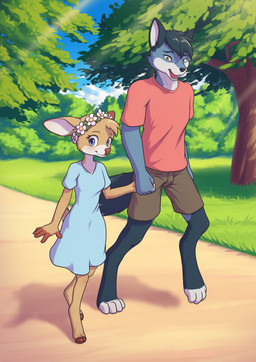 age_difference anthro black_hair black_markings black_nose blue_clothing blue_dress blue_eyes bottomwear brown_body brown_bottomwear brown_clothing brown_fur brown_shorts cheek_tuft closed_smile clothed clothing cloven_hooves countershade_face countershade_torso countershading day digitigrade dress duo eyebrows facial_tuft feet female flower flower_crown fur grass grey_body grey_fur hair hand_holding hooves larger_male leg_markings looking_at_another looking_at_viewer male markings mouth_closed multicolored_body multicolored_fur older_male outside park plant red_clothing red_shirt red_topwear shirt short_hair shorts size_difference smaller_female smile socks_(marking) toeless_(marking) topwear tree tuft two_tone_body two_tone_fur unguligrade walking white_body white_countershading white_fur white_markings young young_anthro young_female younger_female minum evvy_(babysteps) canid canine canis deer mammal new_world_deer white-tailed_deer wolf 2026 absurd_res hi_res