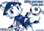 anthro ball blue_body blue_bottomwear blue_clothing blue_eyes blue_fur blue_headwear blue_shorts bottomwear cape clothing eyebrows fangs fist fur gloves handwear happy happy_birthday headgear headwear kick looking_at_viewer male navel open_mouth rice_hat shorts simple_background soccer_ball soccer_uniform solo sportswear tail teeth text uniform white_background white_body white_fur young young_anthro young_male leaflizard0903 yunaiku canid canine canis domestic_cat felid feline felis hybrid mammal wolf 2023 absurd_res english_text hi_res japanese_description