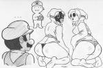 blush butt female group male not_furry mizaru noill mario_bros nintendo mario shylar human humanoid mammal shyguy snifit featureless_(disambiguation) hi_res monochrome