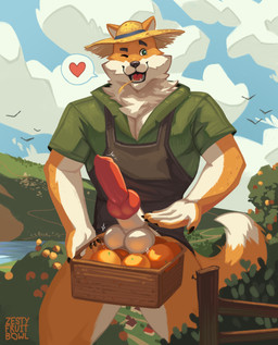 animal_genitalia animal_penis anthro balls basket black_clothing clothed clothing cloud container erection food fruit fur genitals green_clothing green_eyes hat headgear headwear knot landscape male multicolored_body muscular muscular_anthro muscular_male one_eye_closed open_mouth orange_(fruit) orange_body outside partially_clothed penis plant presenting sheath sky smile solo standing straw_hat tree two_tone_body wink prismalic canid canine fox mammal absurd_res hi_res
