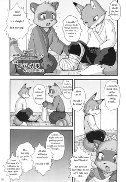 anthro asian_clothing bandage bodily_fluids clothing duo east_asian_clothing female japanese_clothing male sweat text worried_face worried_for_other worried_look mikaduki_karasu third-party_edit pokko tsuki canid canine fox mammal raccoon_dog tanuki absurd_res english_text greyscale hard_translated hi_res japanese_text monochrome translated translation_edit