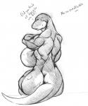anthro back_boob big_breasts biped breasts curvy_figure english_text female greyscale hi_res huge_breasts looking_back misfitscribbles monochrome muscular muscular_anthro muscular_female non-mammal_breasts nude scalie sitting sketch smile solo text voluptuous wide_hips