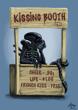 ambiguous_gender black_body black_tail blue_background booth claws exoskeleton front_view heart_symbol humor kissing_booth red_text sharp_teeth simple_background solo tail teeth text mac_hillier alien_(franchise) alien xenomorph 2015 alternate_version_at_source digital_media_(artwork) english_text hi_res signature