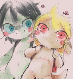 anthro backpack balls black_hair blonde_hair blush brown_body countershading duo fangs featureless_chest female flaccid genitals green_body hair heart_symbol loli looking_at_another looking_at_partner looking_at_viewer male navel nude penis shota simple_background smile teeth vulva young young_anthro young_male doneru clive_(doneru) tany_(doneru) bamfear censored hi_res sketch adult_(lore)