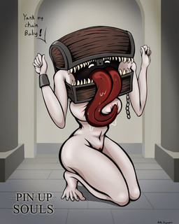 breasts dialogue female for_a_head front_view kneeling long_tongue looking_at_viewer not_furry nude pubes red_tongue sharp_teeth solo teeth text tongue arttukorppu dark_souls fromsoftware animate_inanimate humanoid mimic mimic_chest object_head 2020 4:5 absurd_res english_text hi_res