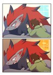 ambiguous_gender anthro blue_eyes blush bodily_fluids brown_hair claws clothing cloud duo face_in_hair fangs fur grey_body grey_fur hair hoodie lying male on_front open_mouth red_hair sky sun sunset sweat teeth tongue topwear rocking_jjj nintendo pokemon ambient_bird generation_5_pokemon human mammal pokemon_(species) zoroark 2025 absurd_res comic hi_res signature