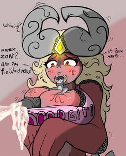 anthro between_breasts big_penis bodily_fluids breast_play breasts clothing crown cum dialogue duo excessive_cum excessive_genital_fluids female genital_fluids genitals hair headgear horn huge_penis humanoid_on_anthro hyper hyper_genitalia hyper_penis macro male male/female micro penis sex shirt size_difference size_play sound_effects text titfuck titfuck_under_clothes topwear huegirl19 mythology fae_(huegirl19) zork_(character) demon dragon humanoid mythological_creature mythological_scalie orc scalie absurd_res english_text hi_res