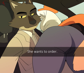 anthro bottomwear butt butt_focus canon_couple car clothed clothing duo female looking_at_viewer pants tail text vehicle toonarscontent dreamworks he_wants_to_order the_bad_guys diane_foxington mr._wolf_(the_bad_guys) canid canine canis fox mammal wolf absurd_res english_text hi_res meme