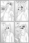 anthro black_bars canid canine clock-face clothed clothing comic english_text feathers fox hi_res male mammal monochrome pillarbox potion solo text tongue tongue_out transformation