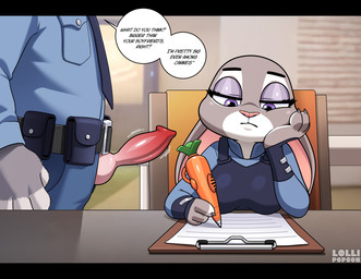 animal_genitalia animal_penis anthro belt belt_buckle belt_pouch big_breasts biped black_bars blue_clothing bored breasts buckle canine_genitalia canine_penis carrot_pen chair claws clipboard clothed clothing detailed_background dialogue door ears_down eyebrows eyelashes female front_view frown fur furniture genitals grey_body grey_fur half-closed_eyes hand_on_head holding_object holding_pen inside knot knotted_penis larger_anthro larger_male male multicolored_body multicolored_fur narrowed_eyes necktie paws pen pen_(object) penis pink_nose pivoted_ears police police_officer police_station police_uniform pupils purple_eyes sexual_harassment sitting size_difference solo speech_bubble standing table talking_to_another text throbbing throbbing_penis two_tone_body two_tone_fur uniform unprofessional_behavior white_body white_fur white_sclera lollipopcon disney zootopia judy_hopps unnamed_character canid canine canis lagomorph leporid mammal rabbit wolf 2026 digital_drawing_(artwork) digital_media_(artwork) english_text hi_res letterbox