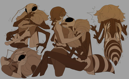 4_arms antennae_(anatomy) anthro arthropod_abdomen breastplay breasts compound_eyes disembodied_hand duo empty_eyes female female_on_anthro fur hair hand_on_breast hand_on_chest human_on_anthro insect_wings interspecies male male/female male_on_human mandibles membrane_(anatomy) membranous_wings multi_arm multi_limb ruff segmented_arms touching_chest wings xenophilia leafjuly izzac kim_(leafjuly) alien arthropod bee human hymenopteran insect mammal absurd_res hi_res