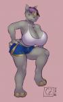 anthro big_breasts biped breasts brown_eyes cleavage clothed clothing female hair horn huge_breasts jewelry necklace pink_background purple_hair simple_background solo standing cryptozoo mammal rhinoceros signature