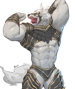 abs anthro armor biceps big_muscles biped black_claws claws clothed clothed_anthro clothed_male clothing dot_pupils fangs finger_claws flexing flexing_bicep flexing_both_biceps flexing_muscles fluffy fluffy_tail front_view fur grey_body grey_fur grey_hair hair head_turned headgear helmet kemono looking_at_viewer looking_down looking_down_at_viewer male midriff monotone_body monotone_fur monotone_hair muscular muscular_anthro muscular_male muscular_thighs navel nipples open_mouth open_smile pecs pose red_tongue serratus simple_background smile smiling_at_viewer snout solo tail teeth text tongue tongue_out topless triceps vambrace white_background white_sclera kuromonsart elden_ring fromsoftware maliketh_(elden_ring) canid canine canis mammal wolf 2025 absurd_res artist_name dated digital_media_(artwork) english_text hi_res portrait three-quarter_portrait