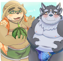 anthro belly blush bottomwear brown_body brown_fur bulge clothing duo eyebrows eyewear food fruit fur glasses grey_body grey_fur hat headgear headwear male melon nipples overweight overweight_male plant shorts speedo straw_hat swimwear thick_eyebrows tusks watermelon xiaonongbaopao1 lifewonders tokyo_afterschool_summoners tsathoggua_(tas) volos_(tas) bear mammal hi_res
