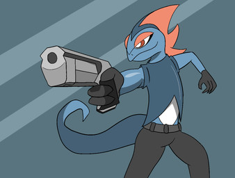 action_pose anthro bottomwear clothing gloves gun handgun handwear holding_gun holding_handgun holding_object holding_pistol holding_ranged_weapon holding_weapon male pants pistol pose ranged_weapon shirt sleeveless_clothing solo standing t-shirt tail topwear weapon vanny_1208 nintendo pokemon krit_(vanny_1208) generation_8_pokemon inteleon pokemon_(species)