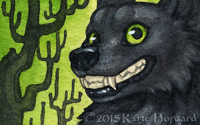 black_body black_fur black_nose feral fur green_eyes smile solo teeth katie_hofgard canid canine canis mammal wolf 2015 headshot_portrait low_res portrait traditional_media_(artwork)