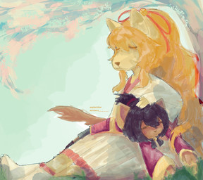 accessory anthro asian_clothing bell bell_bow boots cat_smile clothing content duo east_asian_clothing eyes_closed female footwear grass hair hair_accessory hair_ribbon happy headpat japanese_clothing kimono larger_female long_hair plant pointy_ears prick_ears red_clothing red_hair red_kimono ribbons shoes size_difference smaller_female smile snout tail white_clothing white_kimono across.s undertale_(series) undertale_yellow ceroba_ketsukane kanako_ketsukane boss_monster_(undertale) canid canine fox mammal daughter_(lore) mother_(lore) mother_and_child_(lore) mother_and_daughter_(lore) parent_(lore) parent_and_child_(lore) parent_and_daughter_(lore)