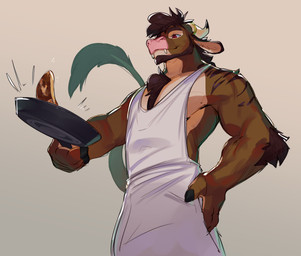 anthro apron beard biped brown_body brown_fur clothing cooking facial_hair food fur horn male male_anthro pancake red_eyes simple_background solo standing roy_arashi mythology tal bovid dragon hybrid mammal mythological_creature mythological_scalie scalie absurd_res hi_res