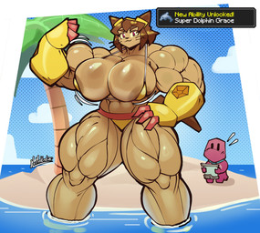 anthro biceps big_breasts big_muscles bikini breasts clothing coconut_tree deltoids duo eyebrows female fingers flexing flexing_bicep fruit_tree hand_on_hip huge_muscles male muscular muscular_female palm_tree plant quads swimwear text tree two-piece_swimsuit water whiskers mrmelted gameoverse glitch_productions gobbles_(gameoverse) kit_bodega dinosaur felid feline mammal prehistoric_species reptile scalie 2026 english_text hi_res
