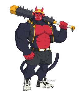 abs accessory anthro barazoku black_body black_bottomwear black_clothing black_fur black_pants bottomwear brown_eyes bulge clothed clothing facial_hair fangs footwear fur headband horn jacket kanabō male monkey_ears monkey_tail muscular muscular_anthro muscular_arms muscular_male neck_muscles open_clothing open_jacket open_topwear pants pecs red_body shoes sideburns solo teeth topwear weapon weapon_on_shoulder buzzybub asian_mythology east_asian_mythology japanese_mythology mythology buzzy demon haplorhine humanoid mammal monkey oni primate yokai hi_res